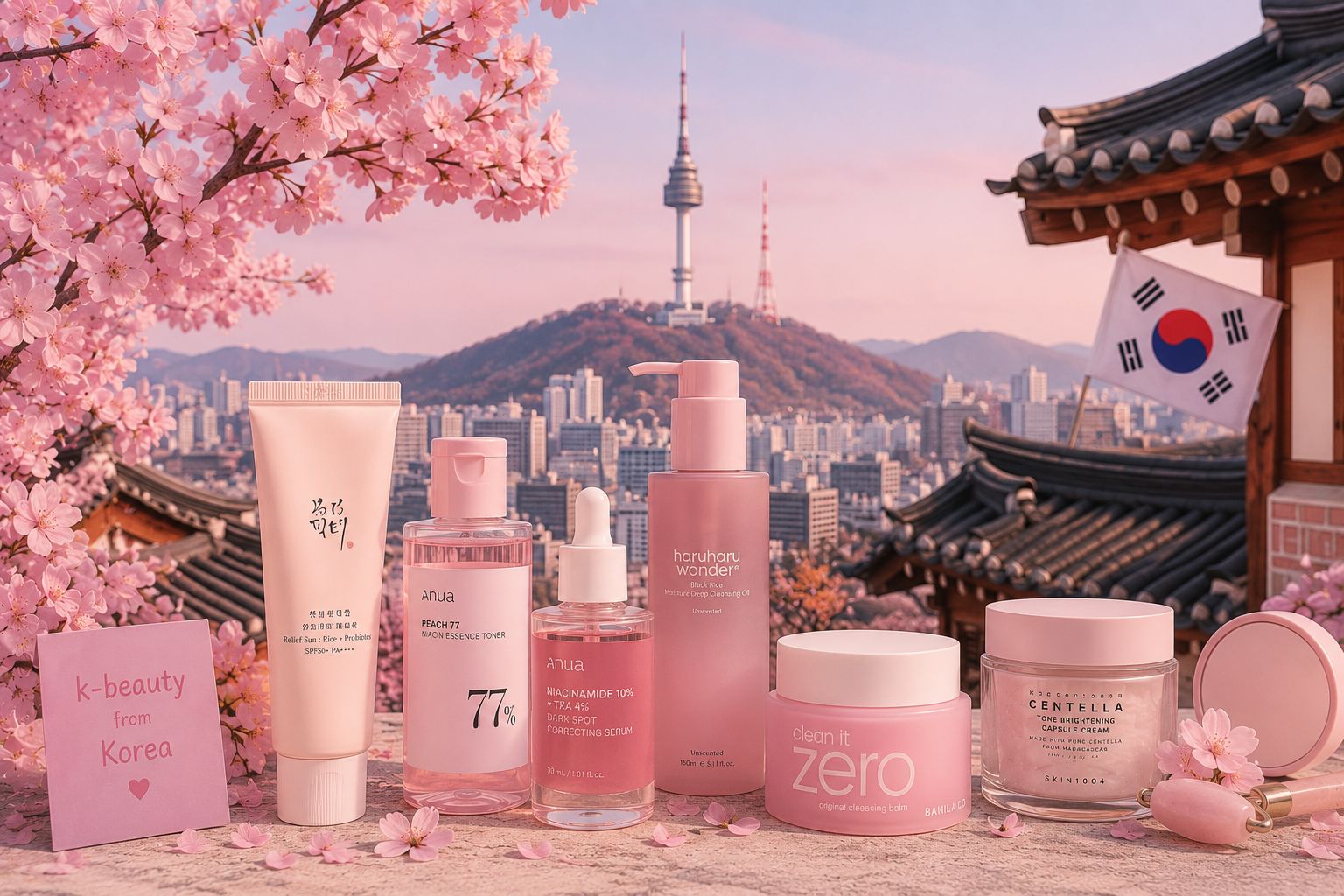 Productos de K-Beauty seleccionados por SyH Care, con Seúl de fondo